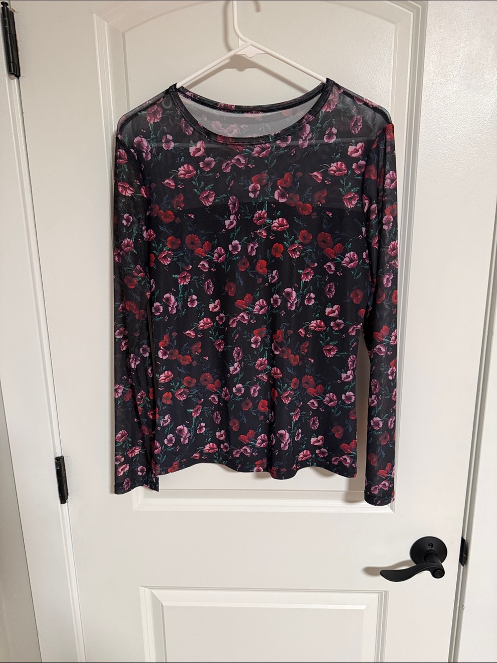 Aura Black Sheer Long Sleeve Top with Red & Pink Floral Motif